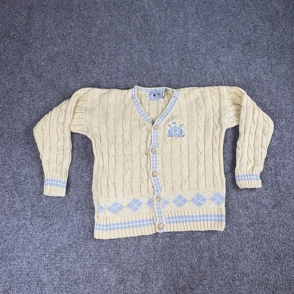 90s Kitestrings Kids Cardigan 5/6 Yellow Blue Cable Knit‎ Preppy Argyle Ivy VTG